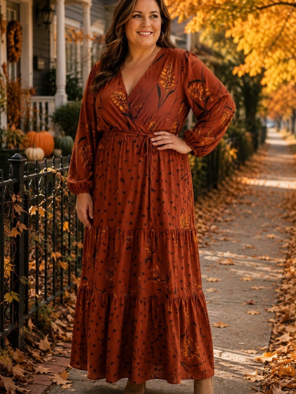Rust Floral Wrap Maxi Dress with Tie Waist